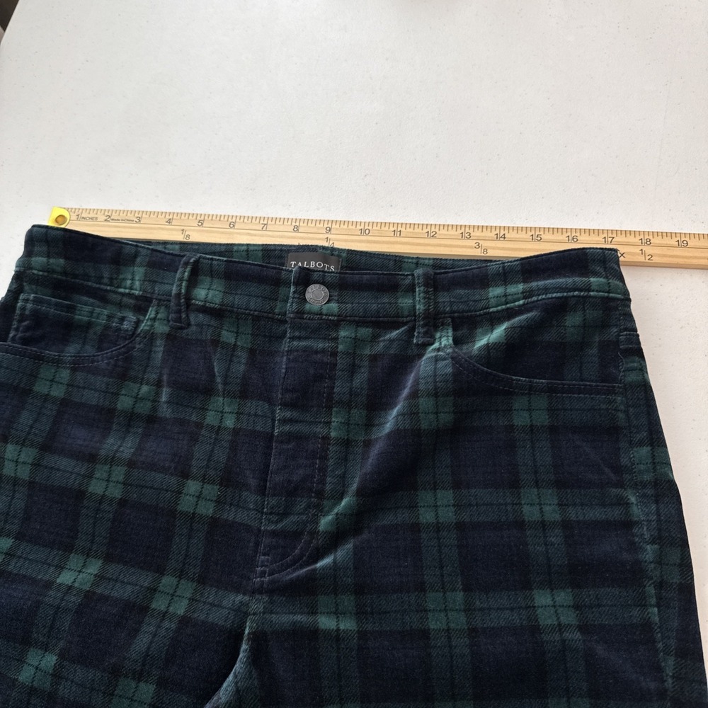 Talbots Sz 12 | Velveteen Straight Leg Tartan Plaid Ankle Pants Black Green - Picture 8 of 16